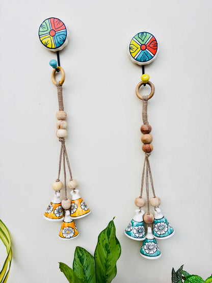 VibesRoute ZenBloom Floral Bell Hanging – Green & Yellow  (Set of 2)