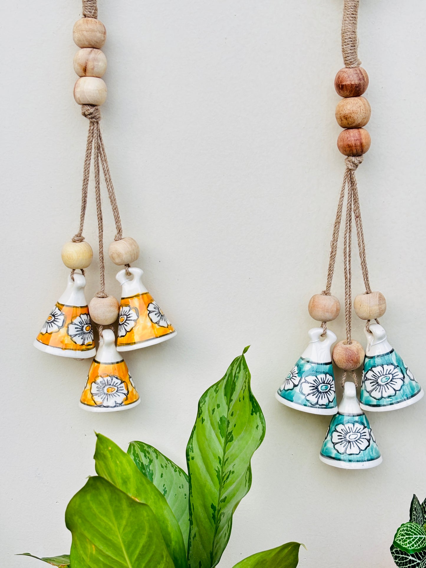 VibesRoute ZenBloom Floral Bell Hanging – Green & Yellow  (Set of 2)