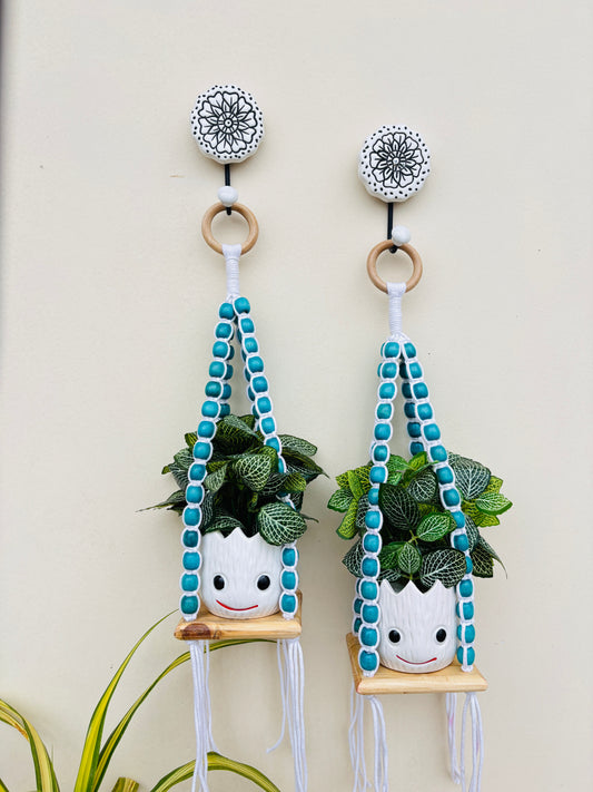 Wooden Boho Beaded Planter Set - Blue