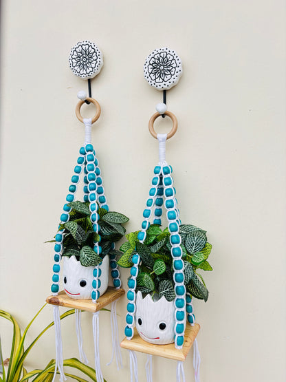 Wooden Boho Beaded Planter Set - Blue