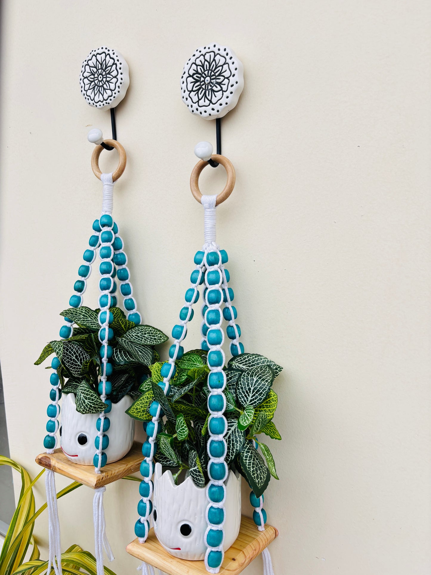 Wooden Boho Beaded Planter Set - Blue