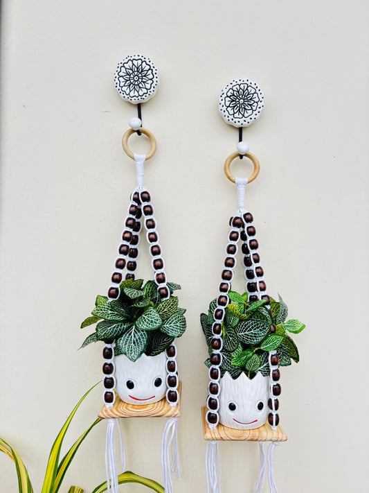 Wooden Boho Beaded Planter Set - Dark Brown