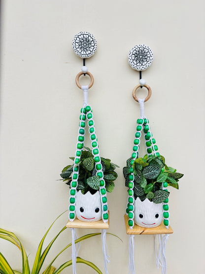 Wooden Boho Beaded Planter Set - Green