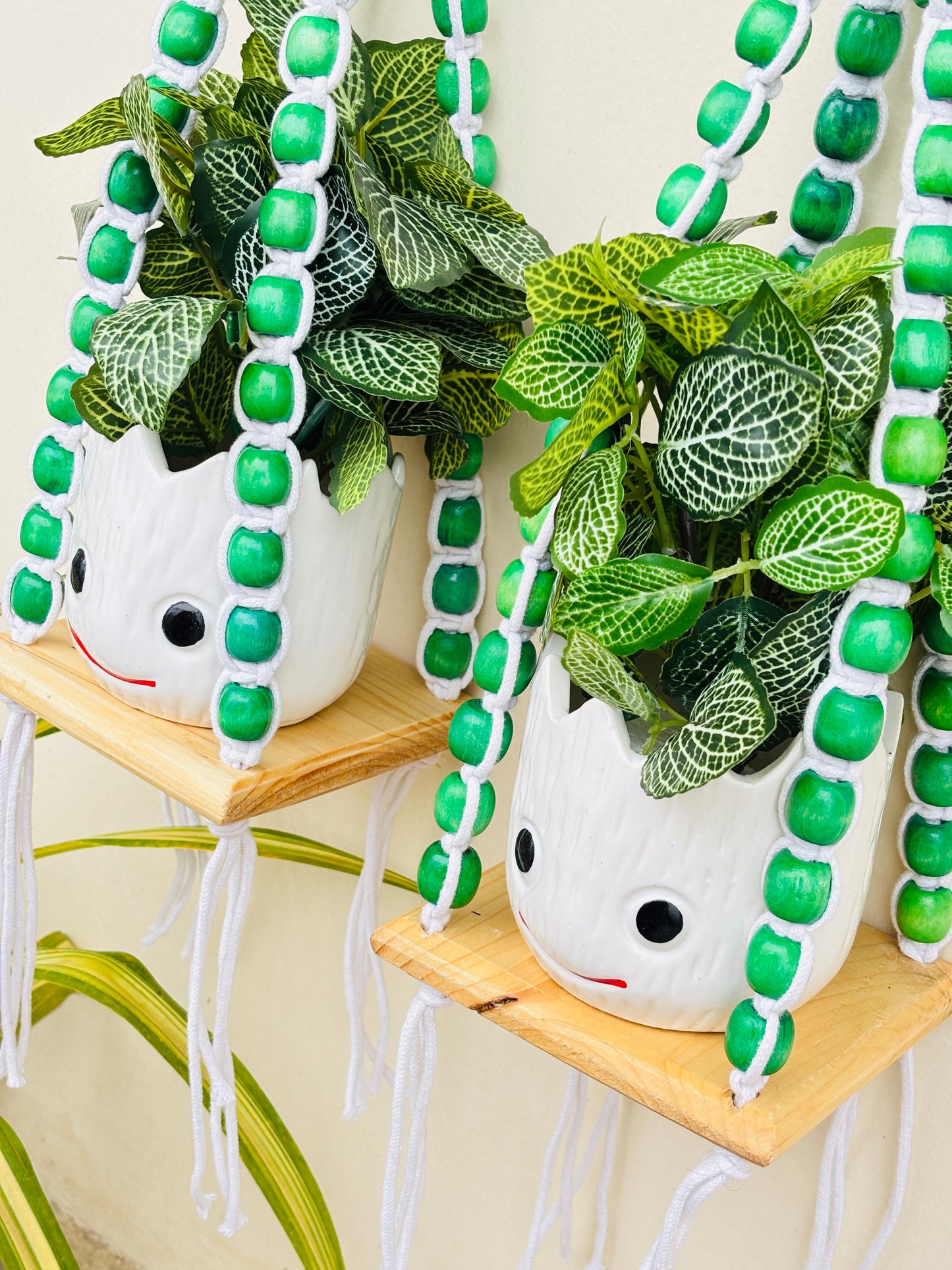 Wooden Boho Beaded Planter Set - Green