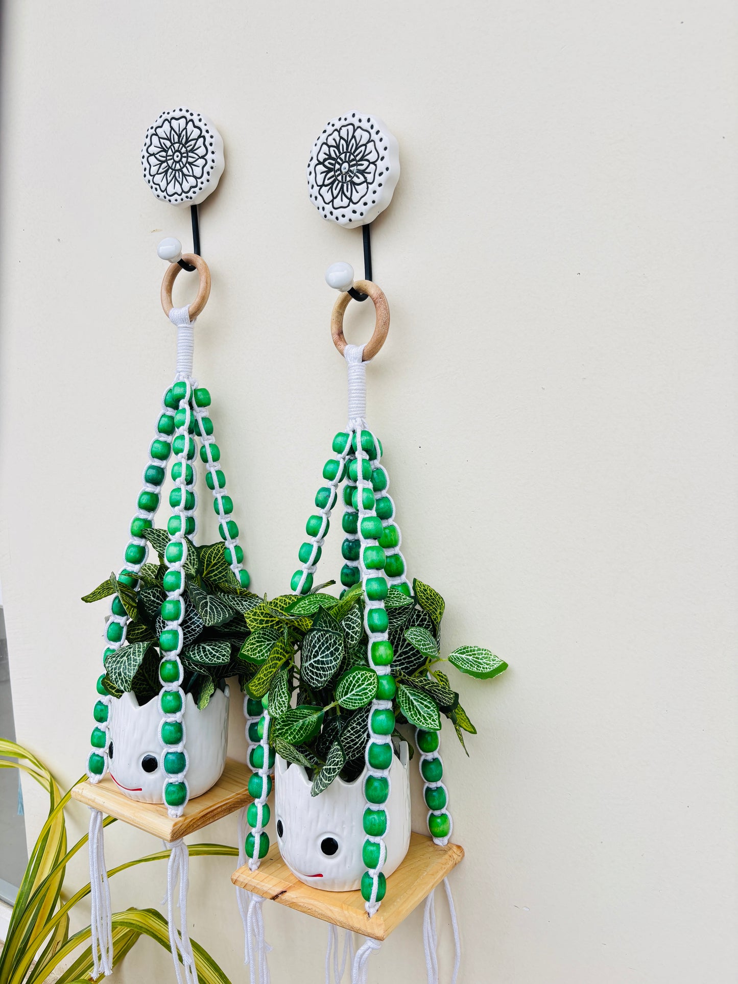 Wooden Boho Beaded Planter Set - Green