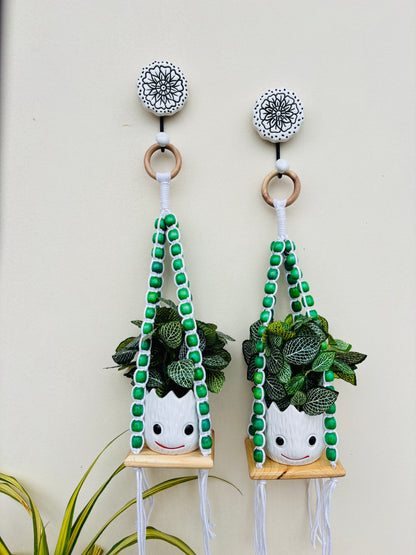 Wooden Boho Beaded Planter Set - Green