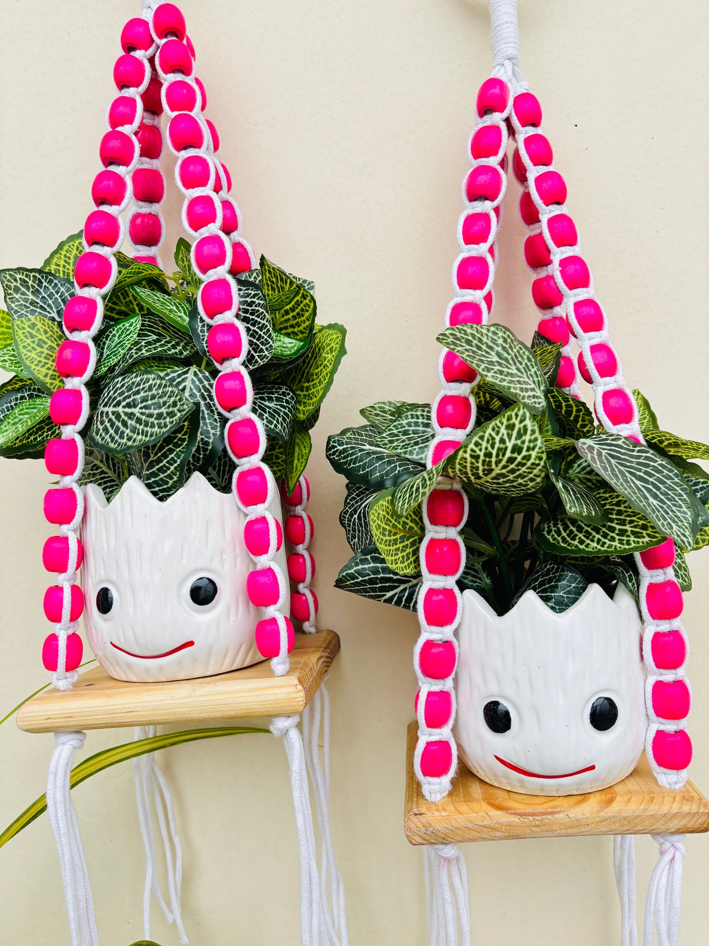 Wooden Boho Beaded Planter Set - Pink