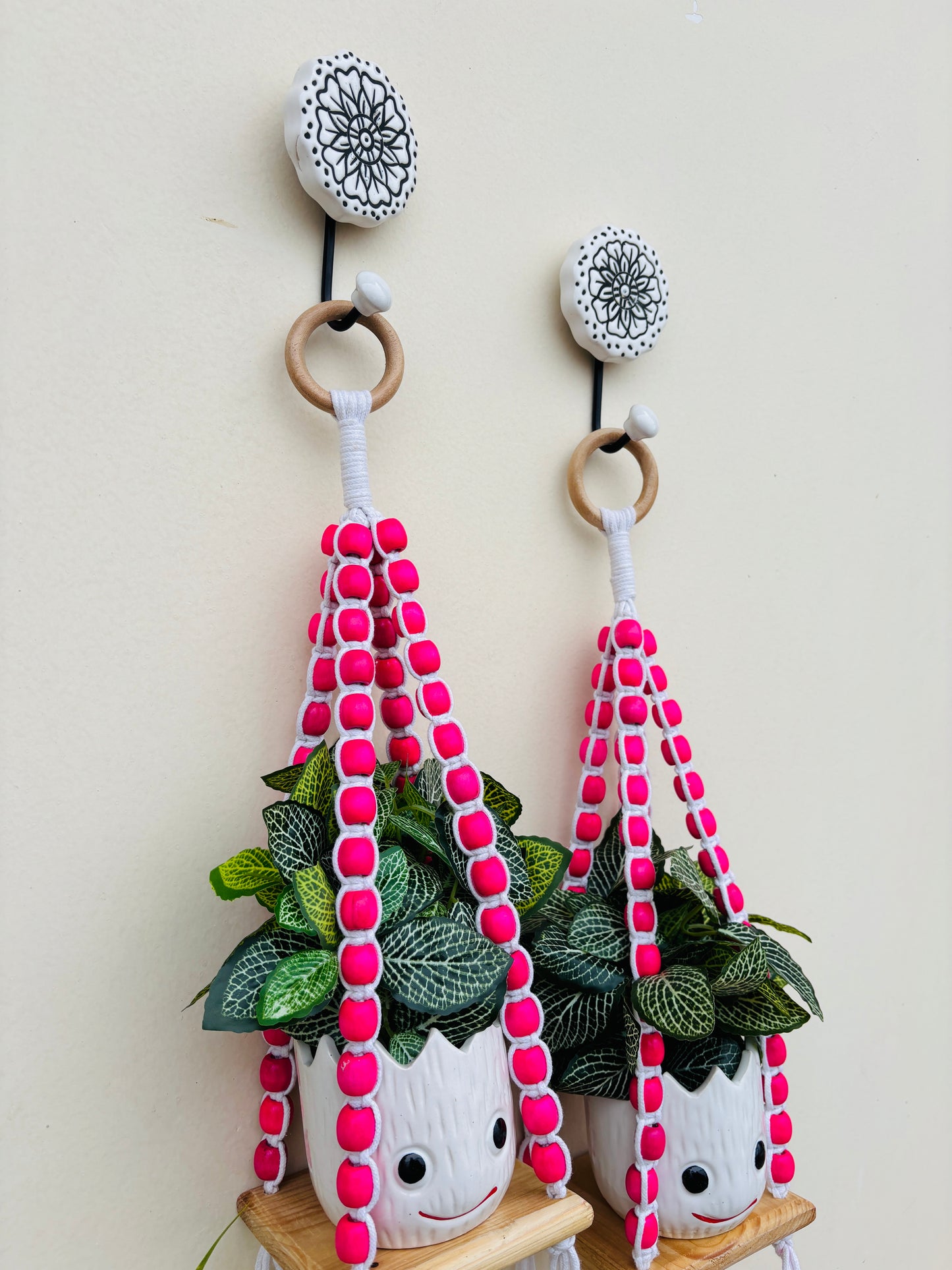 Wooden Boho Beaded Planter Set - Pink