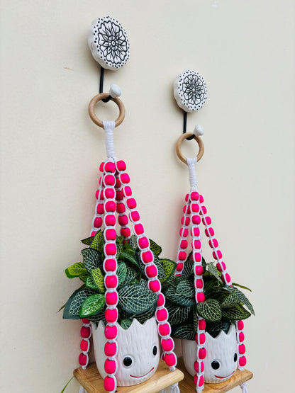 Wooden Boho Beaded Planter Set - Pink