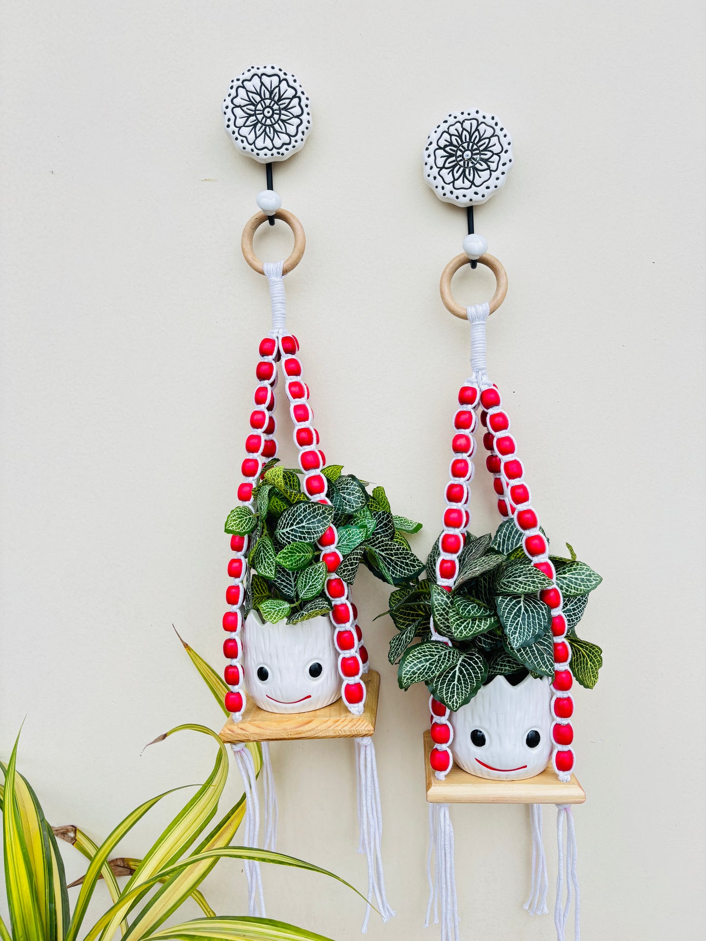 Wooden Boho Beaded Planter Set - Red