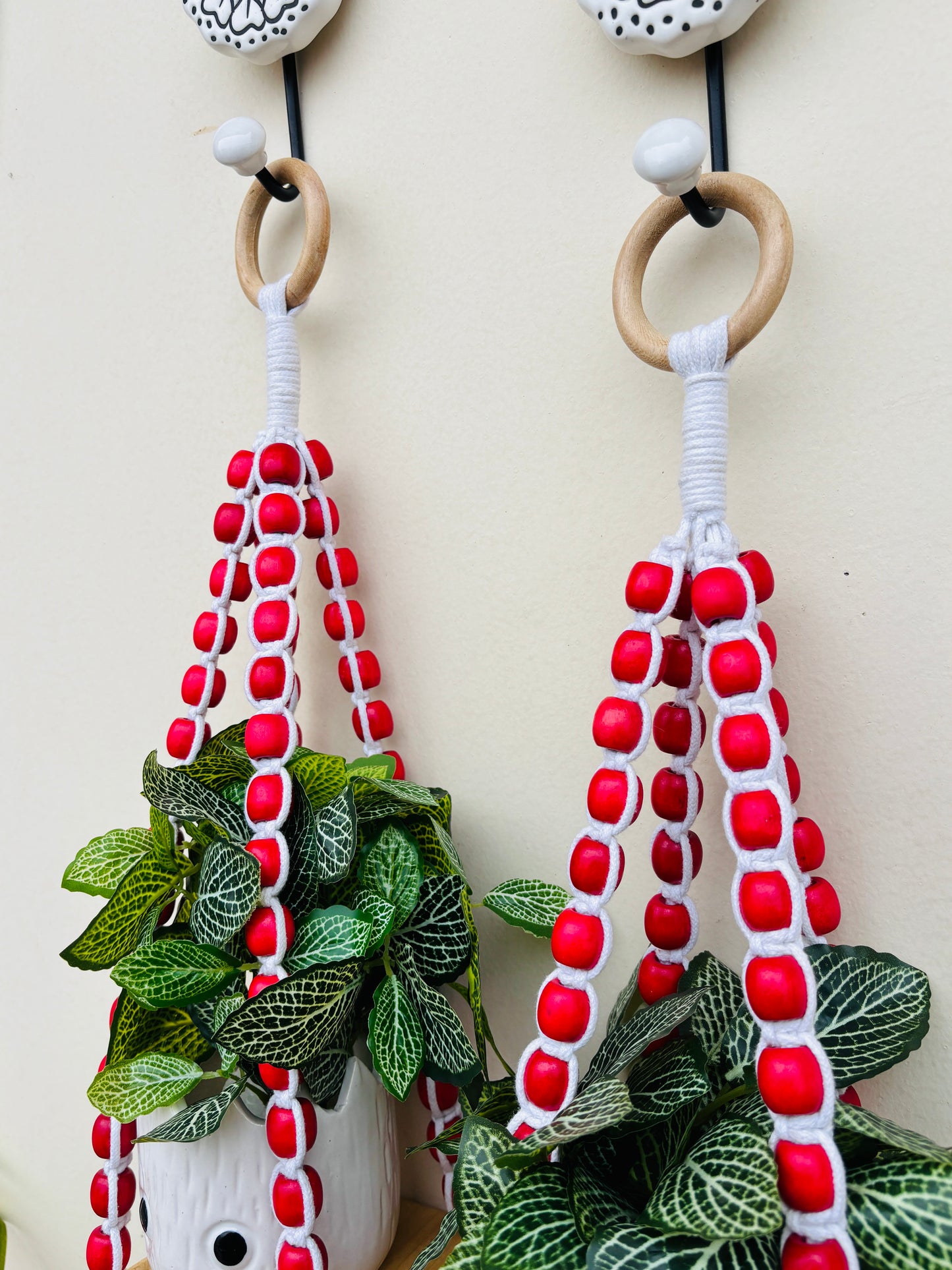 Wooden Boho Beaded Planter Set - Red