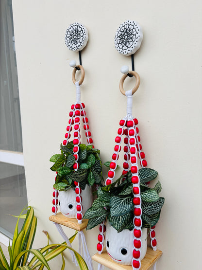 Wooden Boho Beaded Planter Set - Red