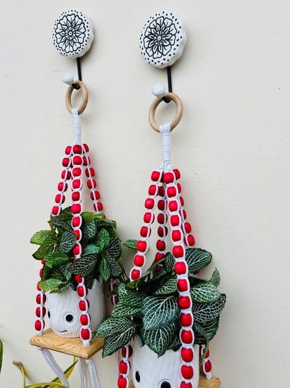 Wooden Boho Beaded Planter Set - Red