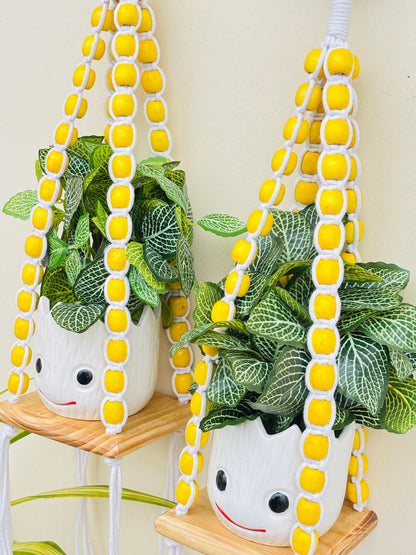 Wooden Boho Beaded Planter Set - Yellow